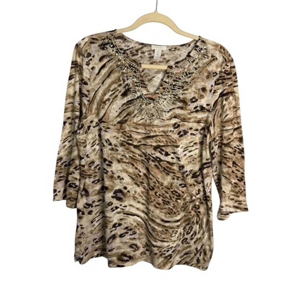 Chico's Blouse Women's Large Animal Print Beaded V-Neck 3/4 Sleeves Chicos 2